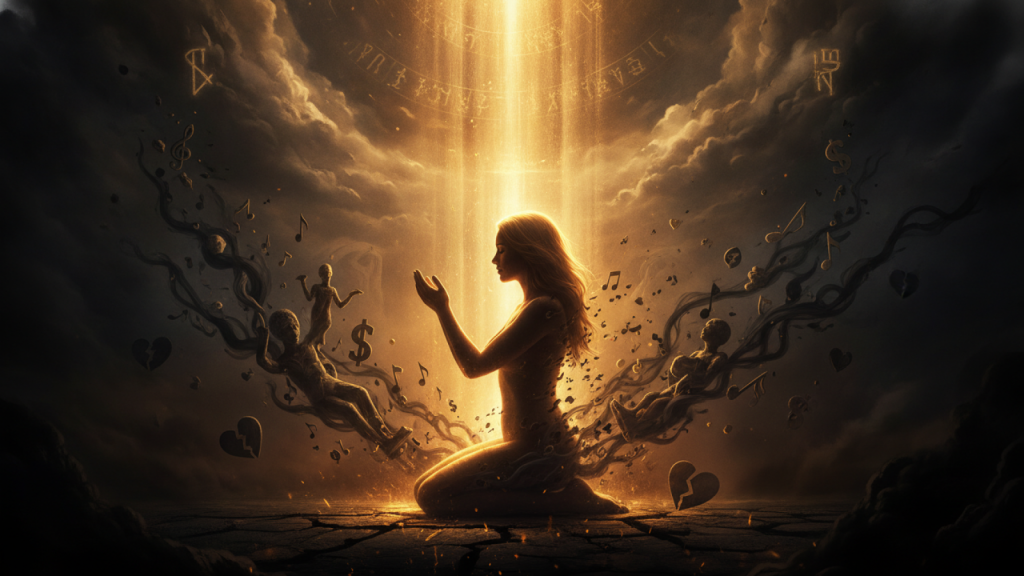 Pessoa em oração, envolta em luz divina, enquanto símbolos de música secular e influências mundanas se dissipam ao seu redor, representando o discernimento espiritual.