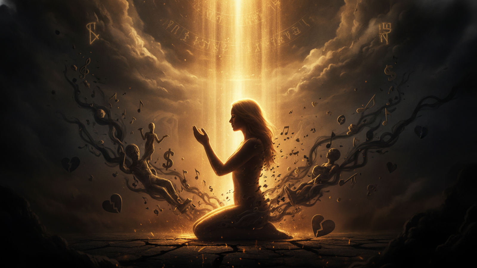Pessoa em oração, envolta em luz divina, enquanto símbolos de música secular e influências mundanas se dissipam ao seu redor, representando o discernimento espiritual.