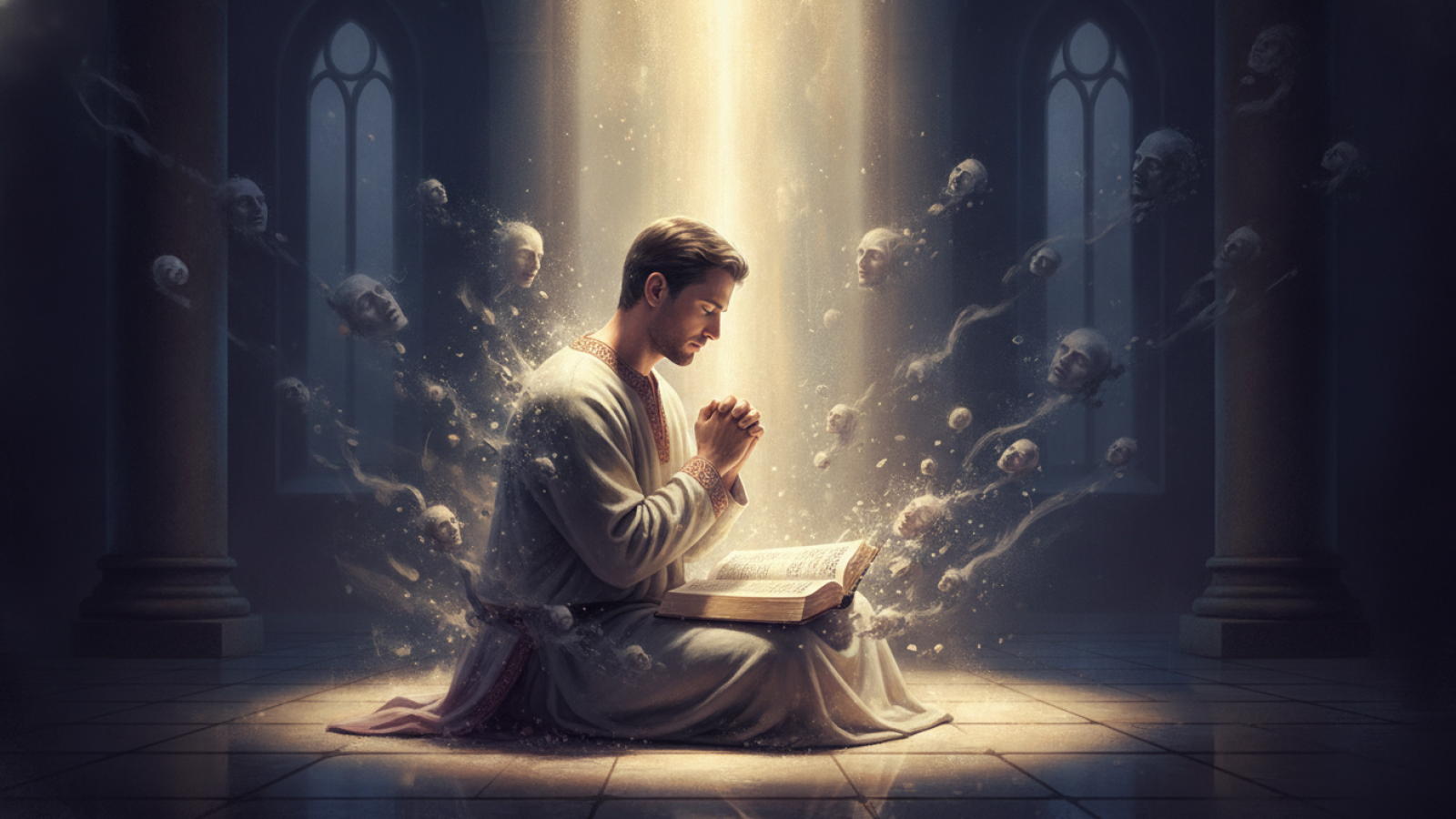 Homem em oração profunda, discernindo a voz de Deus em meio a pensamentos e distrações, com a Bíblia iluminada em seu colo.