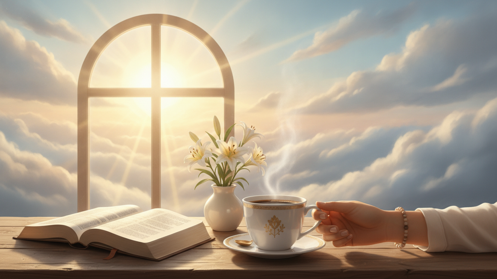 Uma cena serena com uma xícara de café e uma Bíblia aberta sob a luz suave do amanhecer, transmitindo paz e esperança.