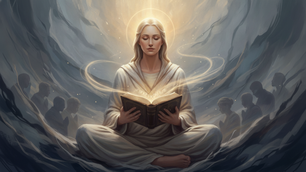 Uma pessoa serena sentada em meio a um cenário abstrato e suavemente caótico, com uma luz cálida iluminando seu rosto e uma Bíblia aberta, simbolizando a busca por como ouvir a voz de Deus em meio às dificuldades da vida.