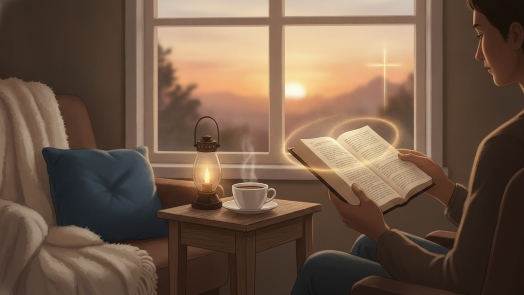 Pessoa em um cantinho aconchegante, lendo a Bíblia com uma xícara de café, simbolizando um tempo de paz e conexão com Deus.