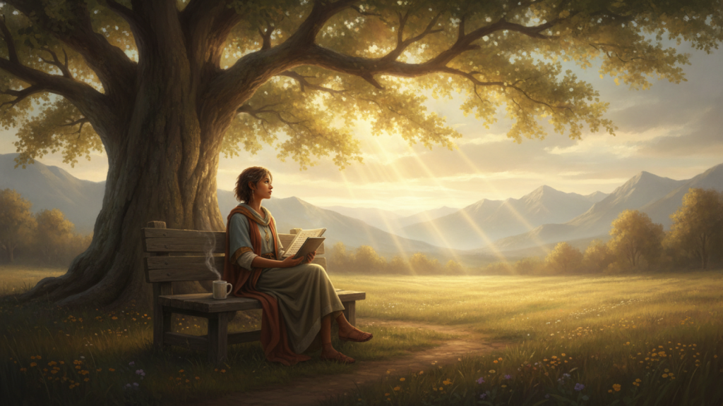 Jovem em um momento de devocional, lendo a Bíblia sob uma luz suave, simbolizando conexão com Deus e propósito.