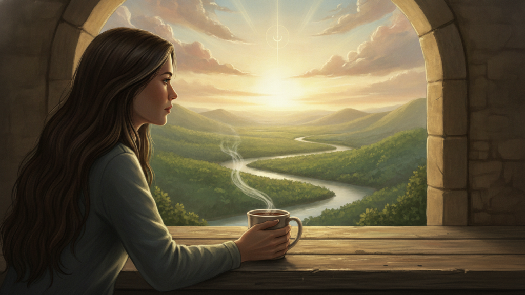 Pessoa sentada à mesa com café, olhando pela janela para um nascer do sol sereno sobre colinas, simbolizando a confiança em Deus para o futuro.
